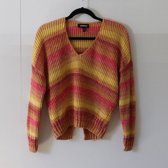 Express Sweaters - Express Striped, Slit Back, V-Neck Women's Multicolored Sweater